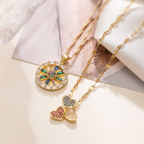 Herz Geometrischer Anhänger Halskette Kupfer Vergoldet Bunte Zirkonia Damen Mode Schlüsselbein Kette Schmuck