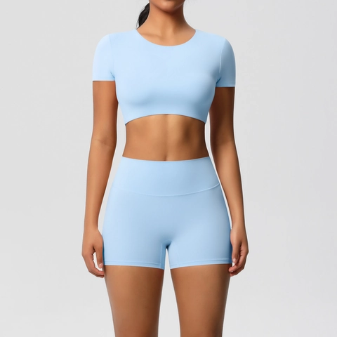 Conjunto De Yoga Para Mujer Top Corto De Manga Corta Pantalones Cortos De Cintura Alta Ropa Deportiva Fitness Almohadillas