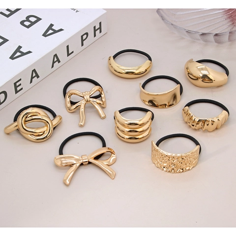 Geometric Alloy Metal Hair Ties Elastic Ponytail Holders Golden Bow Knot Heart Starfish Textured Hair Accessories Women