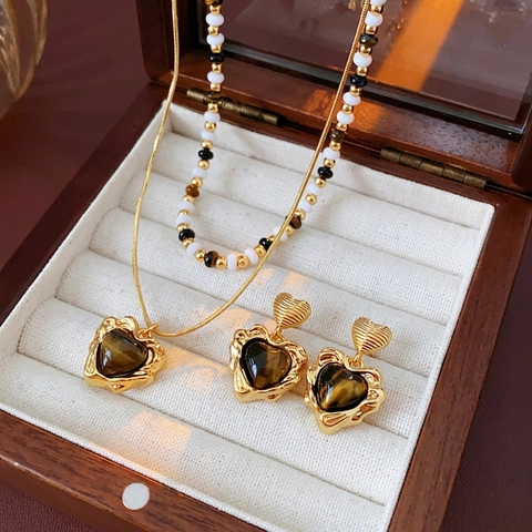 Vintage Heart Tiger Eye Jewelry Necklace And Earrings Double Layer Beaded Copper Chain Gold Plated For Women