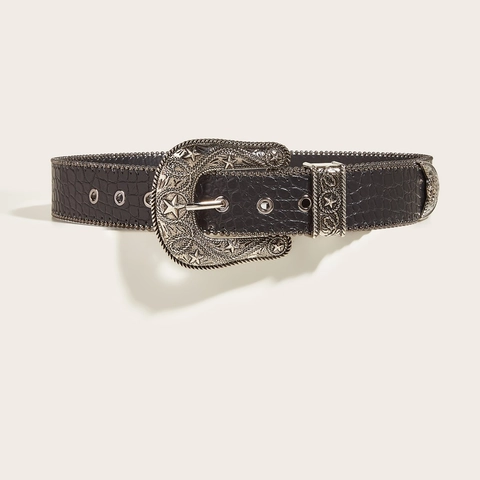 Western Vintage Gürtel Für Damen Schwarz PU Leder Krokodilmuster Mit Stern Geschnitzter Legierung Schnalle Amerikanischer Retro Stil