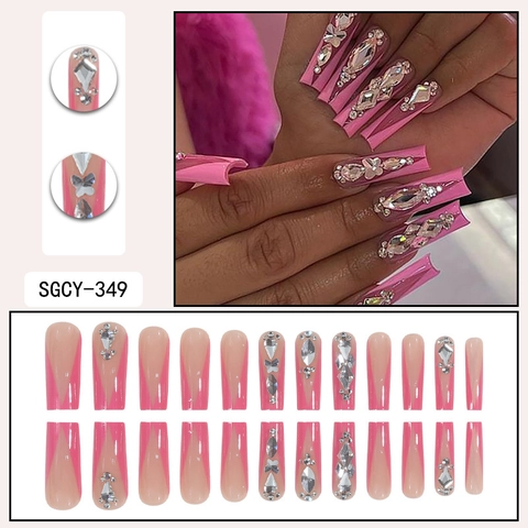 Long Coffin Press On Nails Pink French Style With Rhinestone Bow Decorative Glossy False Nails For Women