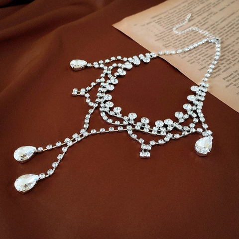 Copper Zircon Rhinestone Waterdrop Tassel Choker Necklace Multi Layer Fringe Silver Tone Wedding Evening Jewelry For Women