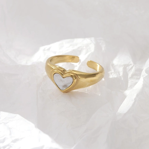 Heart Mother Of Artificial Pearl Stainless Steel Open Ring Gold Plated Adjustable Minimalist Fashion Jewelry For Women
