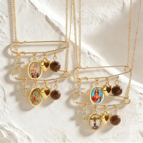Vintage Gold Zinc Alloy Rhinestone Cross Virgin Mary Portrait Heart Pendant Necklace With Paperclip Safety Pin Design