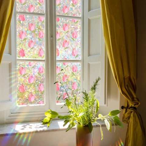 Tulip Static Cling Window Film 3D Rainbow Effect Privacy Frosted Glass Sticker Pink Flower Decorative Film For Home Office