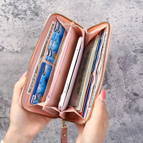 Women Long Wallet PU Leather Color Block Zipper Wrist Strap Tassel Large Capacity Phone Clutch