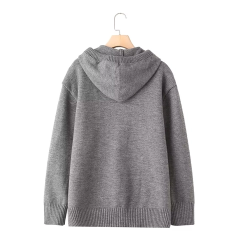 Women Knitted Hoodie Loose Long Sleeve Drawstring Solid Color Kangaroo Pocket Casual Sweatshirt