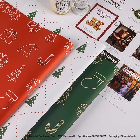 Christmas Wrapping Paper Waterproof Pearlescent Film Hera Paper Flower Gift Packaging Holiday Tree Snowflake Design