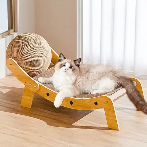 Cat Scratcher Lounge Bed Wood Frame Corrugated Paper Sisal Ball Scratching Board For Indoor Cats Durable Modern Furniture