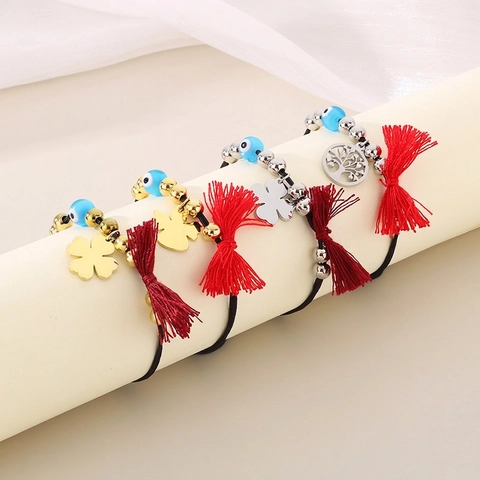 Handgemachtes Geflochtenes Kordelarmband Mit Edelstahl Anhänger Evil Eye Perle Rote Quaste Verstellbarer Boho Schmuck Damen