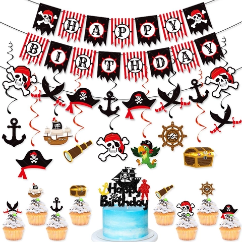 Decorazioni Festa Di Compleanno Tema Pirata Cartoncino Glitter Teschio Nave Striscioni Appesi Spirali Topper Per Torta