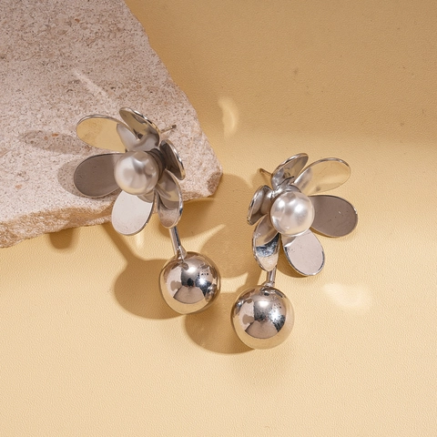 Blumen Hänger Ohrringe Mit Künstliche Perlenimitation Und Silver Earring Post Polierte Kugel Anhänger Eleganter Blumenschmuck Damen