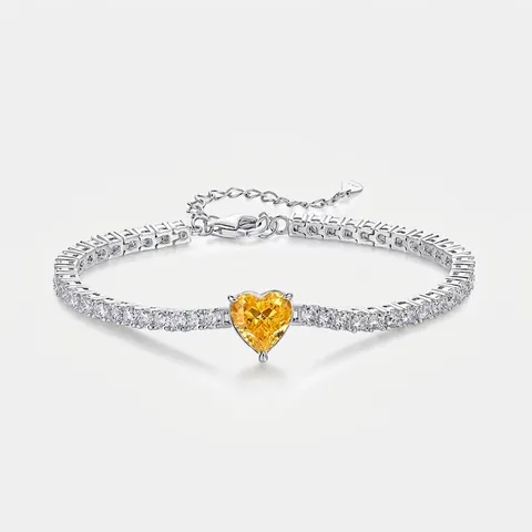 Bracciale Tennis in Argento Sterling S925 a Cuore Con Strass Gialli Catena Regolabile per Donna Elegante Gioielli alla Moda Regalo