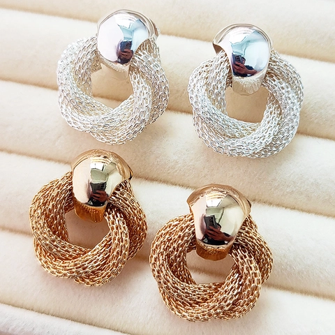 Vintage Camellia Style Stud Earrings Alloy 18K Gold Plated Retro Woven Mesh Texture Round Hoop Fashion For Women