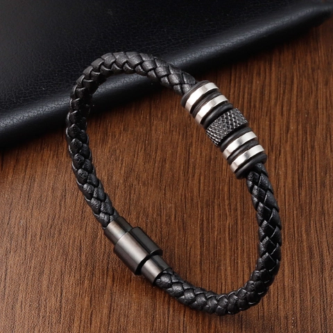 Herren Geflochtenes Lederarmband Mit 316L Edelstahl Magnetverschluss Minimalistisches Geometrisches Armband Schmuck
