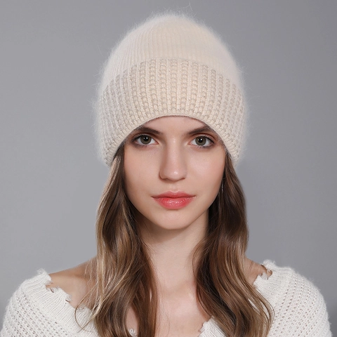 Bonnet En Tricot Poil De Lapin Angora Pour Femmes Mélange Cachemire Chaud Hiver Strass Fil Métallique Décontracté Doux