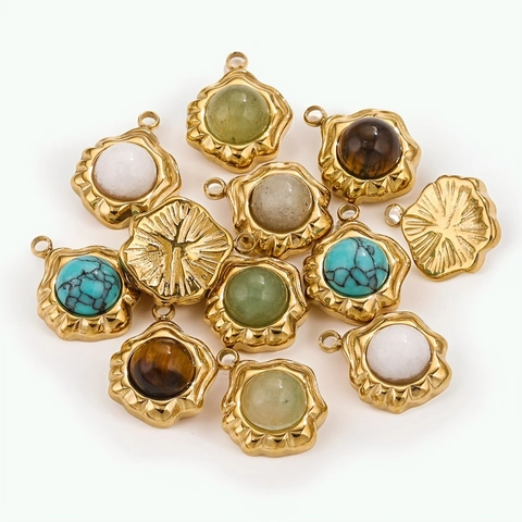 Ciondoli Fiore Vintage Pietre Naturali Intarsiate Acciaio Inossidabile Placcato Oro 18K Per Creazione Gioielli