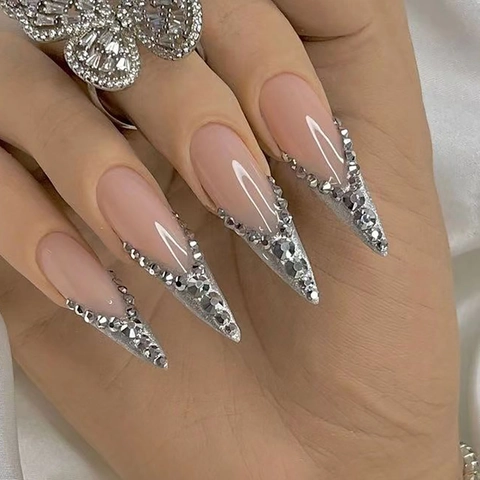 French V-Tip Press On Nails Long Stiletto Artificial Fake Nails With Rhinestone And Silver Glitter Nude Pink For Women