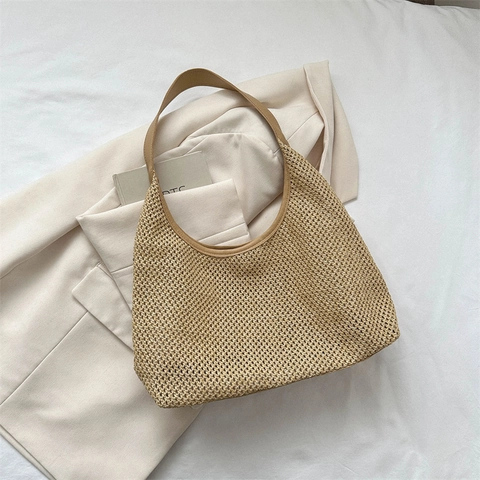 Womens Fashion Woven Tote Bag Casual Large Capacity Straw Shoulder Bag Summer Vacation Retro Hollow Handbag