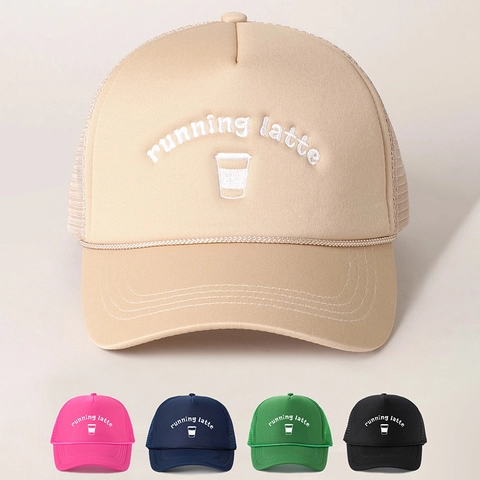 Trucker Hat Mesh Cap Bestickt Running Latte Kaffeetasse Polyester Schwamm Atmungsaktiv Outdoor Sport Verstellbar Gebogener Schirm