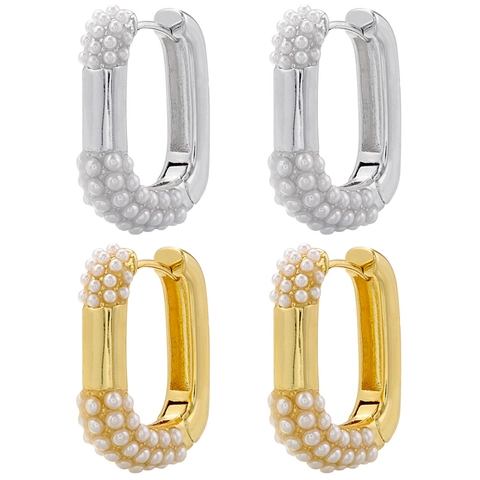 Geometric U-Shaped Hoop Earrings Brass With Imitation Artificial Pearls Fashion Hollow Square Ear Jewelry For Women