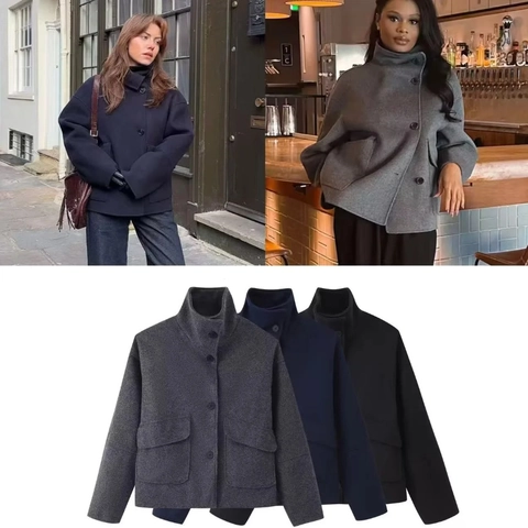 Veste En Laine Pour Femmes Col Montant Simple Boutonnage Manches Longues Manteau Court Ample Automne Hiver