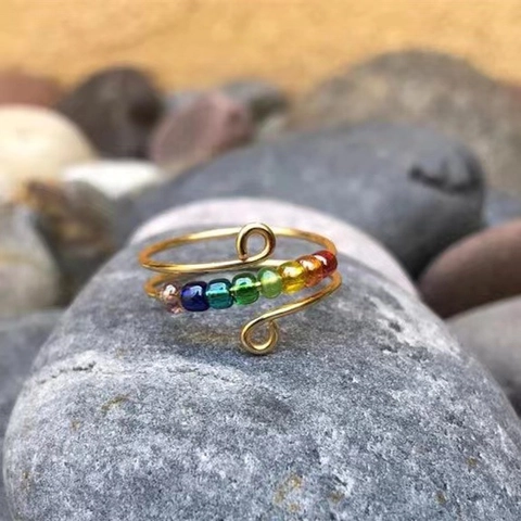 Spinner Ring Voor Angstverlichting Regenboog Kralen Koper Draad Omwikkeld Verstelbare Open Ring Stressverlichting Sieraden Voor Vrouwen