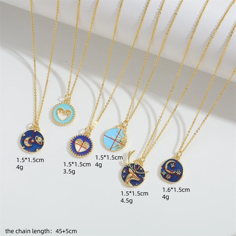 Collana con Pendente a Sole in Rame Zirconia Vintage Placcato Oro Smalto Blu Luna Stella Cuore Cervo Gioielli Donna