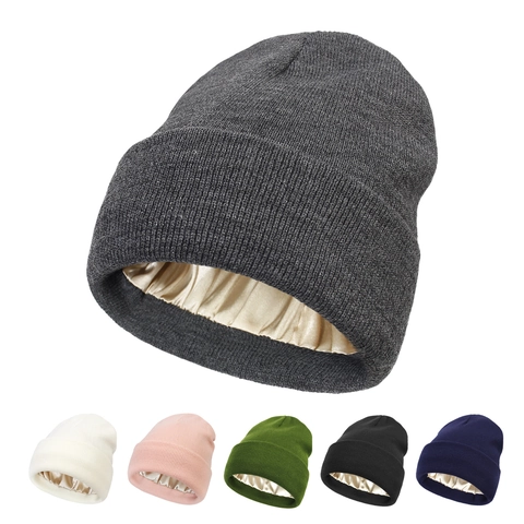 Damen Winter Strickmütze Mit Satinfutter Warm Anti-Statik Haarschutz Einfarbig Weich Rippenstrick Beanie