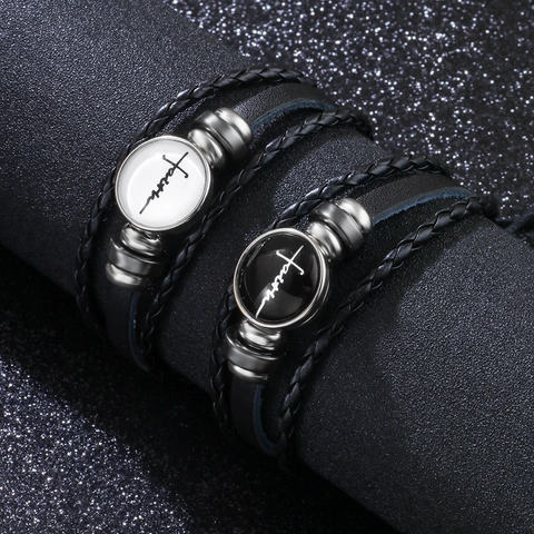 Faith Buchstabe Mehrlagiges Geflochtenes Lederarmband Mit Legierung Glas Anhänger Verstellbar Für Herren Und Damen
