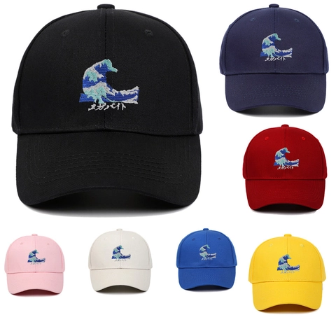 Casquette De Baseball Coton Broderie De Vagues Style Japonais Ajustable Protection Solaire Respirant Chapeau