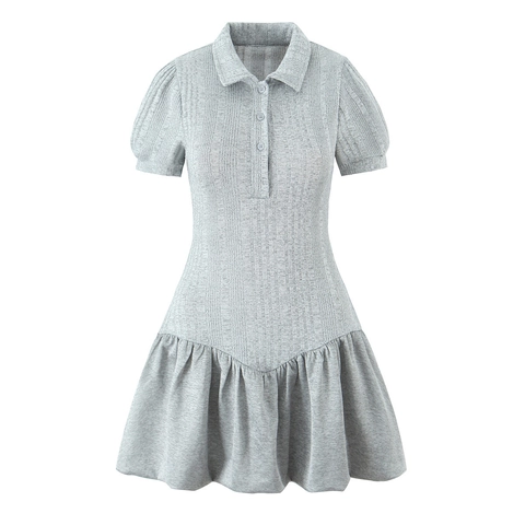 Women Knit Mini Dress Short Puff Sleeve Polo Collar Button Slim Fit Ruffle Hem Preppy Solid Grey Elegant