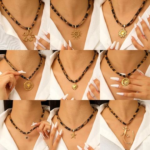 Vintage Leopard Print Fabric Cord Pendant Necklace For Women Bohemian Heart Star Bow Alloy Artificial Pearl Choker Neck Jewelry