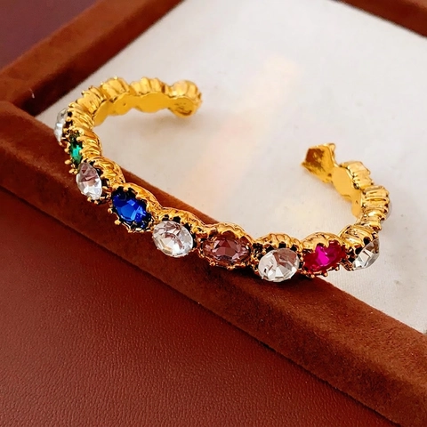 Bracciale Aperto Ovale Vintage Lega Strass Colorati Gioielli Di Moda Retrò Per Donne