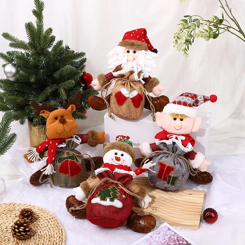 Christmas Gift Bags Burlap Drawstring Treat Sacks Doll Santa Snowman Reindeer Elf Decorative Holiday Candy Pouch