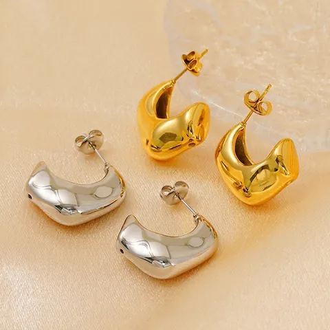 Chunky C Shape Stud Earrings Stainless Steel 18K Gold Plated Minimalist Geometric Polished Mirror Finish For Women