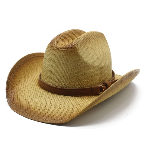 Western Cowboy Straw Hat Vintage Paper Straw Sun Protection Wide Brim Beach Holiday Sunhat For Men Women