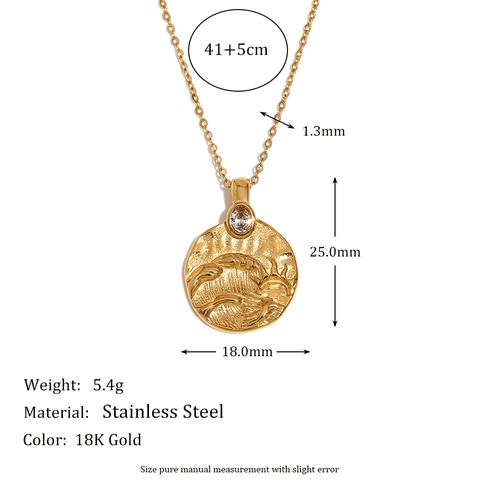 Vintage Sun Moon Fairy Embossed Round Coin Pendant Necklace Stainless Steel 18K Gold Plated Rhinestone Jewelry For Women