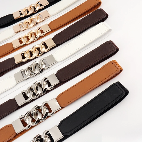 Damen Schmaler Elastischer Gürtel PU Leder Legierung Gold Silber Kettenschnalle Für Kleider Hemden Dekorative Taillenband