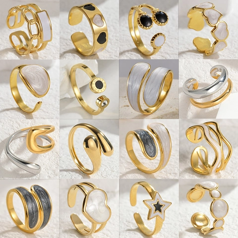 Mode Edelstahl Geometrische Offene Ringe Für Damen Minimalistisch Verstellbare Emaille Fingerringe Luxus Gold Silber Schmuck