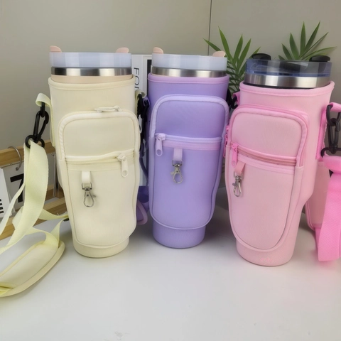Neoprene Water Bottle Carrier For Large Tumbler Adjustable Shoulder Strap Zipper Pocket Crossbody Bottle Sleeve