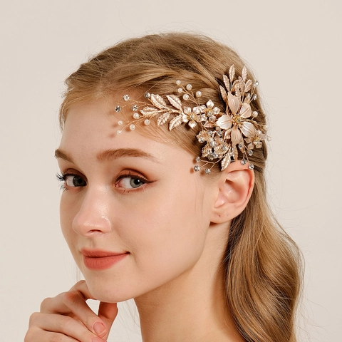 Vintage Gold Metal Flower Leaf Hair Clip With Artificial Pearls And Rhinestones Handmade Bridal Wedding Banquet Headwear For Women
