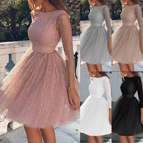Women Long Sleeve Sequin Mesh Dress Elegant High Waist Evening Party Cocktail Midi Dress For Wedding Celebration Lady Clothing