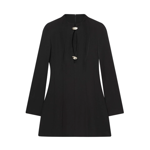 Women Long Sleeve Mini Dress Polyester Cutout Neckline Bodycon Slim Fit With Metal Buckles Solid Color Chic Clubwear