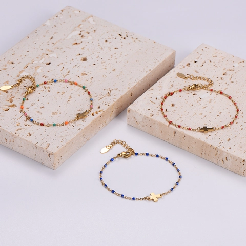 Bracciale In Acciaio Inossidabile Placcato Oro Con Perline Colorate E Ciondolo A Croce Gioielli Religiosi Per Donna Uomo Regolabile