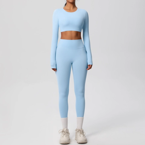 Damen Yoga Langarm Crop Top Und Leggings Mit Hoher Taille Sportbekleidung Gym Nylon Spandex Slim Fit Atmungsaktiv
