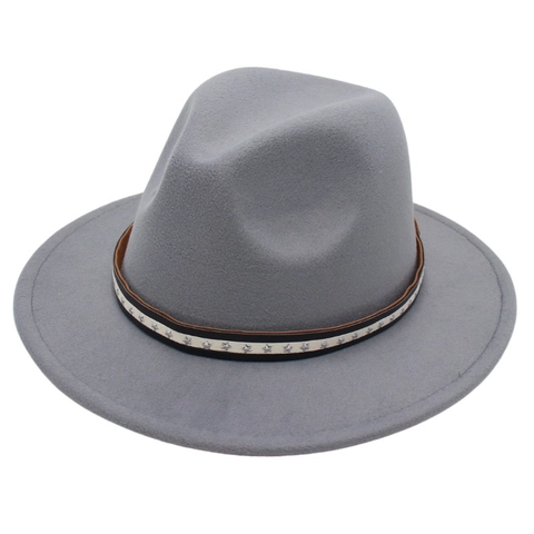 Unisex Wide Brim Fedora Hat Vintage Woolen Felt Jazz Cap With Star Studded Band Solid Color Classic Party Travel