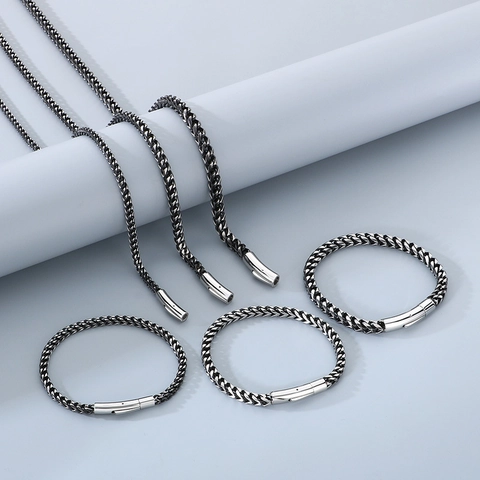 Necklace And Bracelet Stainless Steel Wheat Keel Chain Hip Hop Jewelry Men Brushed Metal Finish