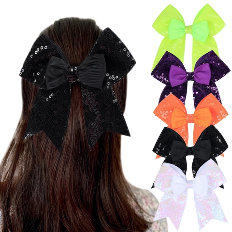 Large Double Layer Sequin Bow Hair Clips For Girls Halloween Party Grosgrain Ribbon Duckbill Alligator Clip Cheerleading